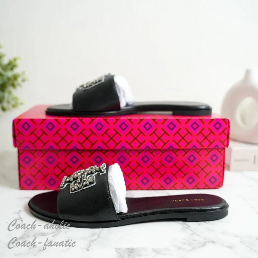 NIB Tory Burch Everly Embellished Crystal Logo Flat Slide Sandal Black Leather